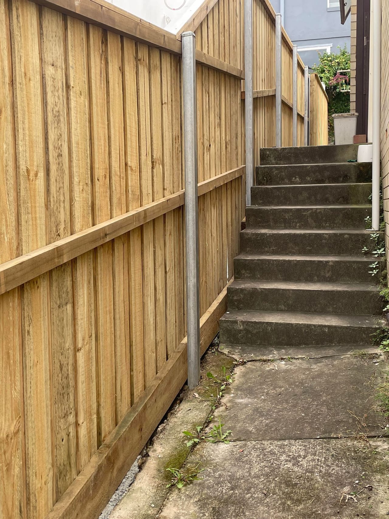 Treated pine timber fence built alongside concrete stairs on a steeply sloping Sydney site