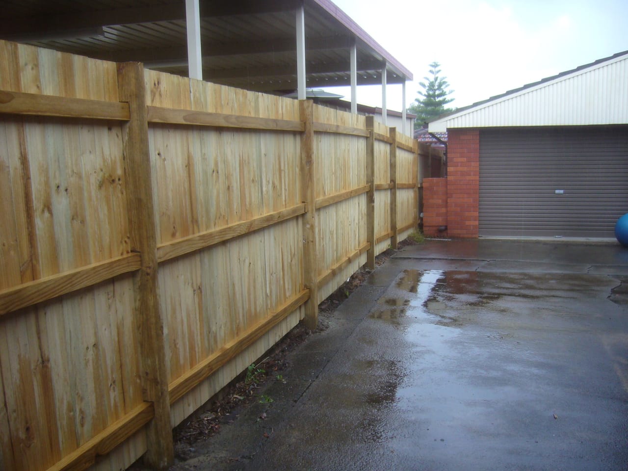 Long treated pine timber fence built along a driveway and carport boundary at a Sydney property
